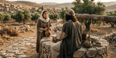 Two villagers converse beside a stone well, with one holding a clay jug.