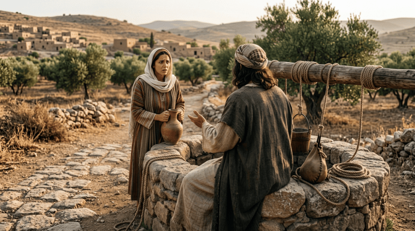 Two villagers converse beside a stone well, with one holding a clay jug.